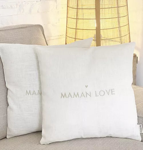 Housse de coussin brodée Maman Love - 100% Lin - Blanc Craie